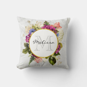 Modern Pink Watercolor Floral Bouquet Monogram Cushion