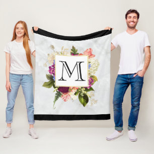 Modern Pink Watercolor Floral Bouquet Monogram Fleece Blanket