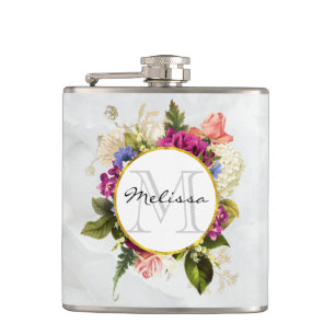 Modern Pink Watercolor Floral Bouquet Monogram Hip Flask