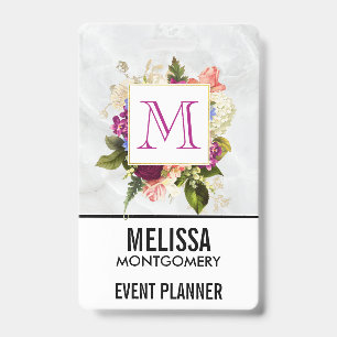 Modern Pink Watercolor Floral Bouquet Monogram ID Badge