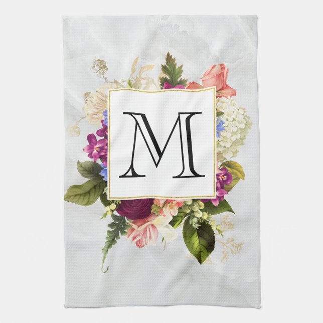 Modern Pink Watercolor Floral Bouquet Monogram Tea Towel (Vertical)