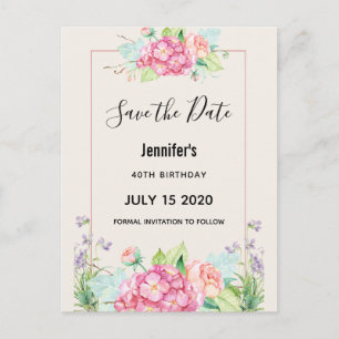 Modern Pink Watercolor Floral Bunch Save the Date Invitation Postcard