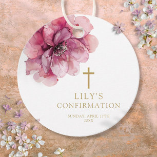 Modern Pink Watercolor Floral Confirmation Favour Tags