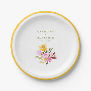 Modern Pink Watercolor Floral Custom Names Wedding Paper Plate