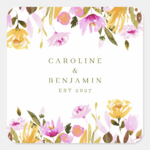 Modern Pink Watercolor Floral Custom Names Wedding Square Sticker