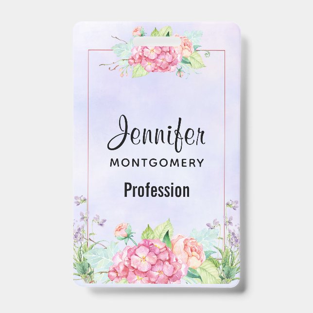 Modern Pink Watercolor Floral Frame ID Badge (Front)