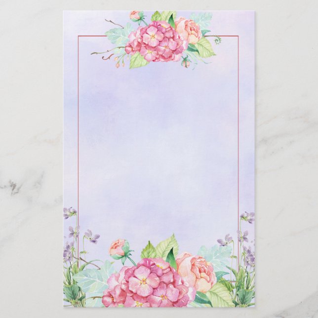 Modern Pink Watercolor Floral Frame Stationery (Front)