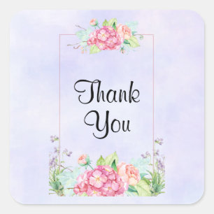 Modern Pink Watercolor Floral Frame Thank You Square Sticker