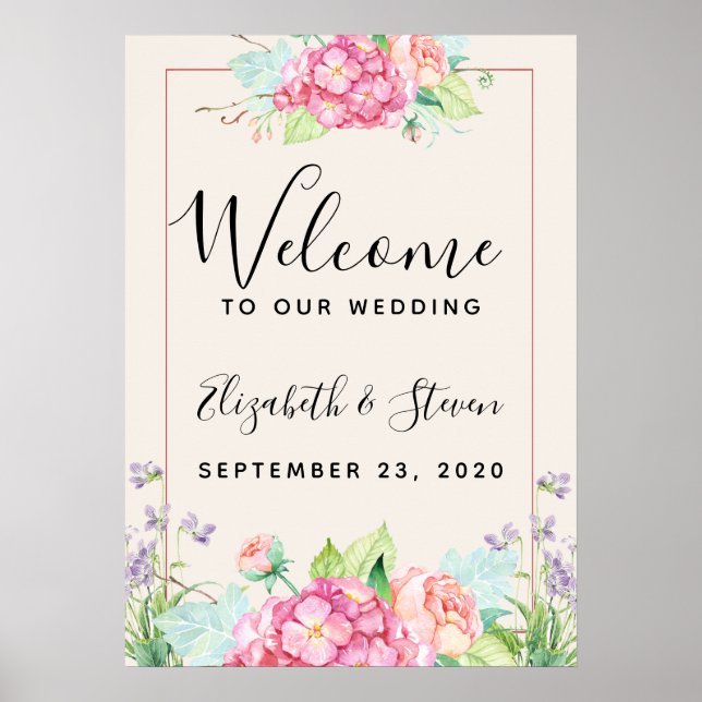 Modern Pink Watercolor Floral Frame Wedding Poster (Front)