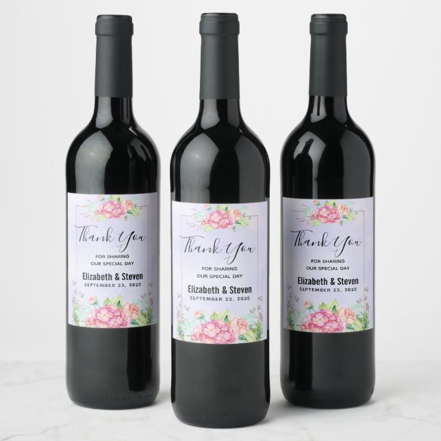 Modern Pink Watercolor Floral Frame Wedding Wine Label (Bottles)