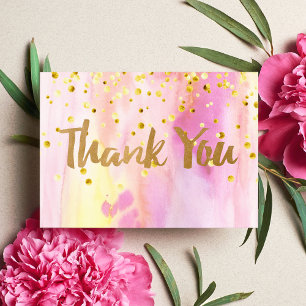 Modern Pink Watercolor Gold Confetti Thank You Card