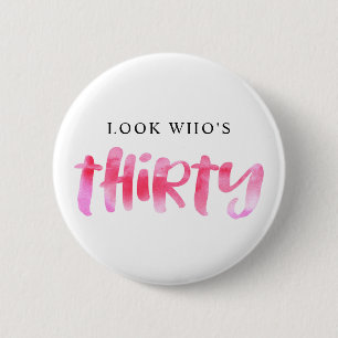 Modern Pink Watercolor Lettering 30th Birthday 6 Cm Round Badge