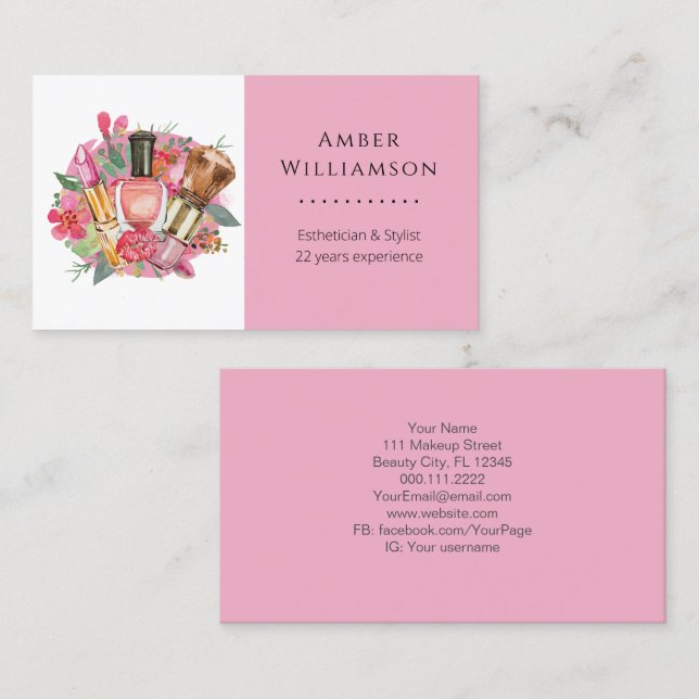 Modern Pink Watercolor Makeup Artist Girly Chic Business Card (Front/Back)