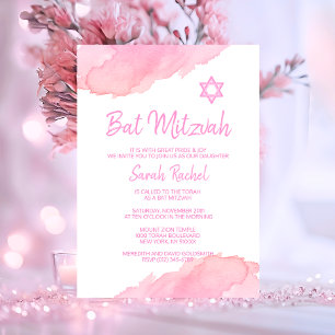 Modern PINK Watercolor Star of David BAT MITZVAH Invitation