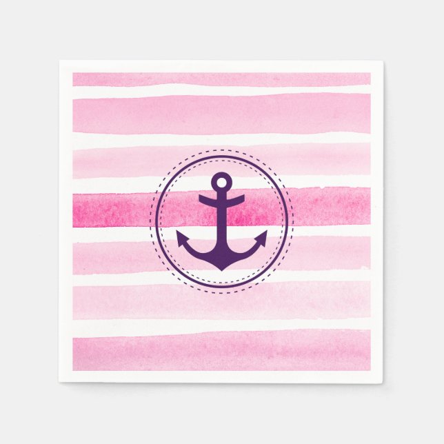 Modern Pink Watercolor Stripes Purple Anchor Napkin (Front)