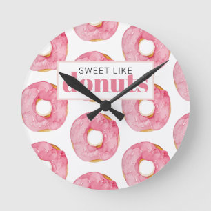 Modern Pink Watercolor Sweet Like Doughnuts Quote Round Clock