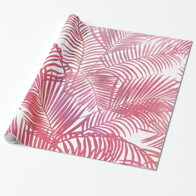 Modern pink  watercolor tropical palm tree leaves wrapping paper (Unrolled)