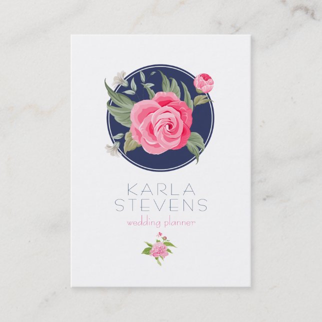 Modern Pink Watercolors Rose White & Blue Business Card (Front)