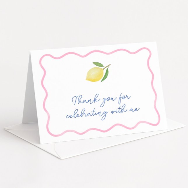 Modern Pink Wavy Border Lemon Baby Shower Thank You Card (Modern boho pink squiggle border with citrus lemon wedding shower thank you cards)