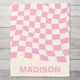 Modern Pink Wavy Chequered Pattern Monogram Fleece Blanket
