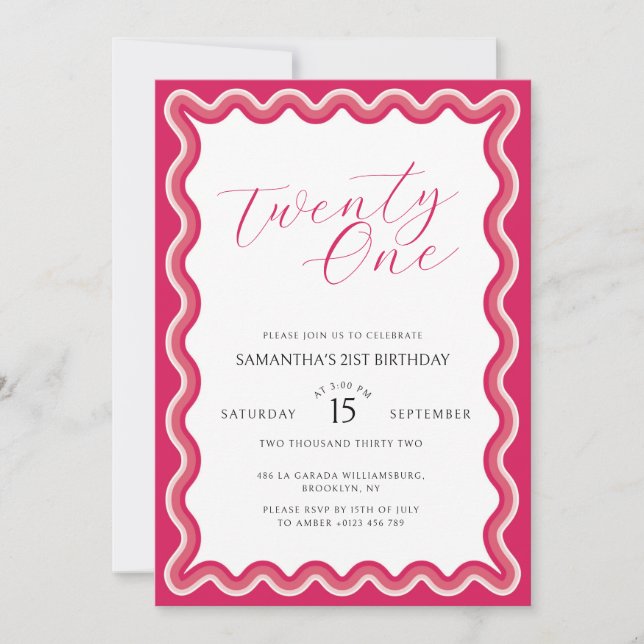Modern Pink Wavy Curvy Twenty One Birthday Invitation (Front)