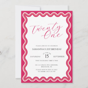 Modern Pink Wavy Curvy Twenty One Birthday Invitation