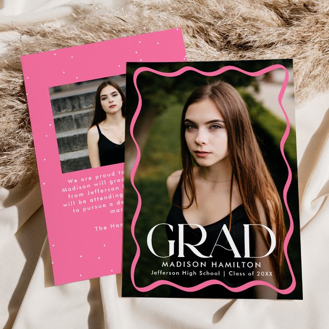 Modern Pink Wavy Frame Grad 2 Photo Graduation Announcement (Creator Uploaded)
