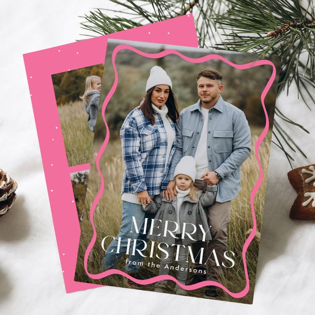 Modern Pink Wavy Frame Merry Christmas 3 Photo Holiday Card (Creator Uploaded)