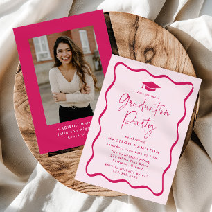Modern Pink Wavy Frame Photo Graduation Party Invitation