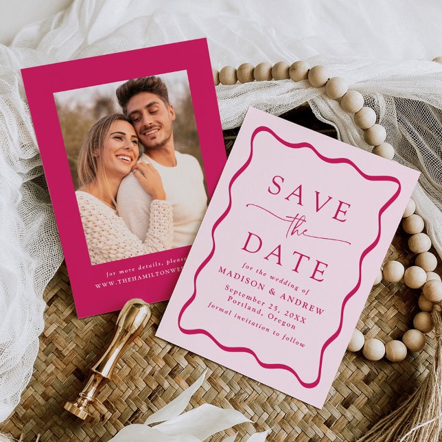 Modern Pink Wavy Frame Photo Wedding Save The Date (Creator Uploaded)