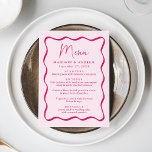 Modern Pink Wavy Frame Wedding Menu<br><div class="desc">Add a vintage touch to your engagement party, rehearsal dinner, or wedding reception with this Modern Pink Wavy Frame wedding menu. The design displays the couple's names, wedding date, and menu options in bold pink lettering surrounded by a dark pink wavy frame border against a light pink background. The retro...</div>