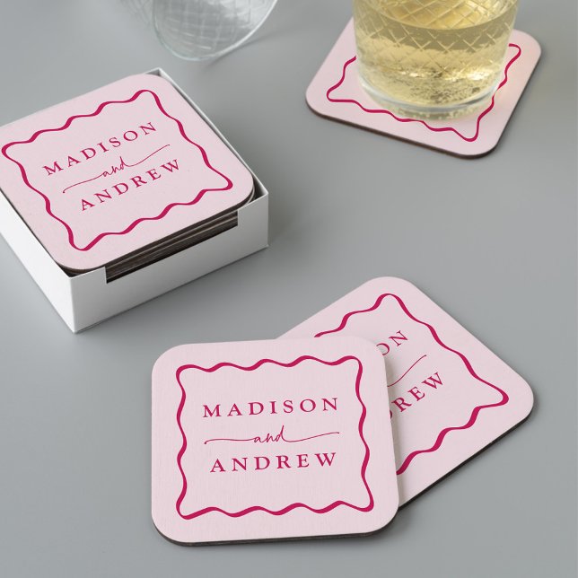 Modern Pink Wavy Frame Wedding Square Paper Coaster (Creator Uploaded)