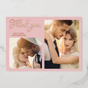Modern pink wedding 2 photo foil thank you card