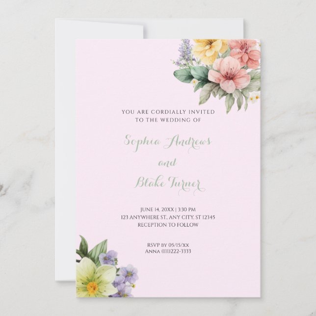 Modern Pink Wedding Invitation & Pastel Flowers (Front)