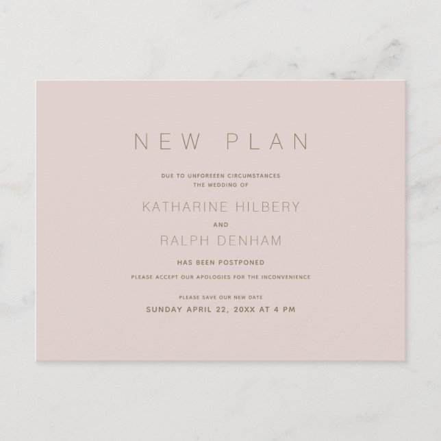 Modern Pink Wedding New Plan Announcement Postcard (Front)