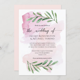 Modern Pink Wedding Watercolor Eucalyptus Foliage Invitation