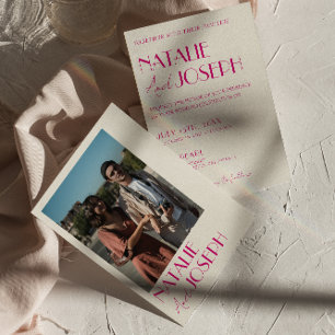 Modern Pink Whimsical French Retro Photo Wedding Invitation