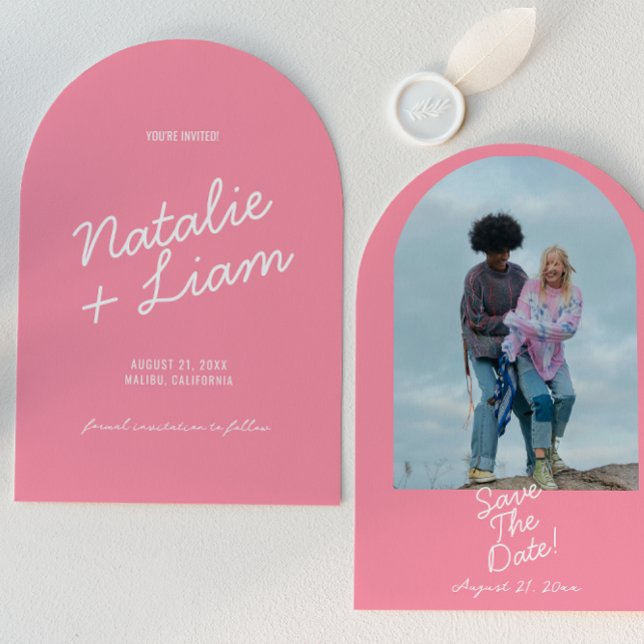 Modern Pink Whimsical Summer Arched Photo Wedding Save The Date (Creator Uploaded)