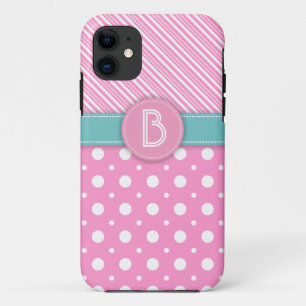 Modern pink, white, aqua polka dot & stripes iPhone 11 case