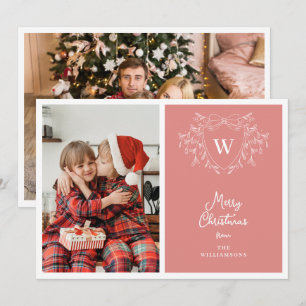 Modern pink & white classy crest 2 photos holiday card