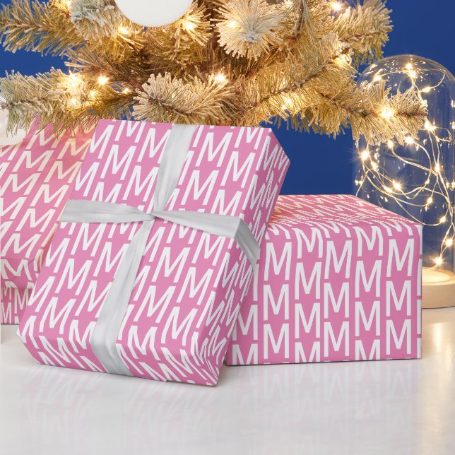 Modern pink white custom monogram initial pattern wrapping paper (Holidays)