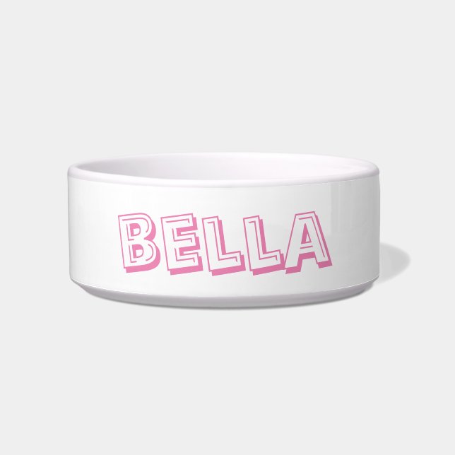 Modern pink white custom name dog cat pet bowl (Front)