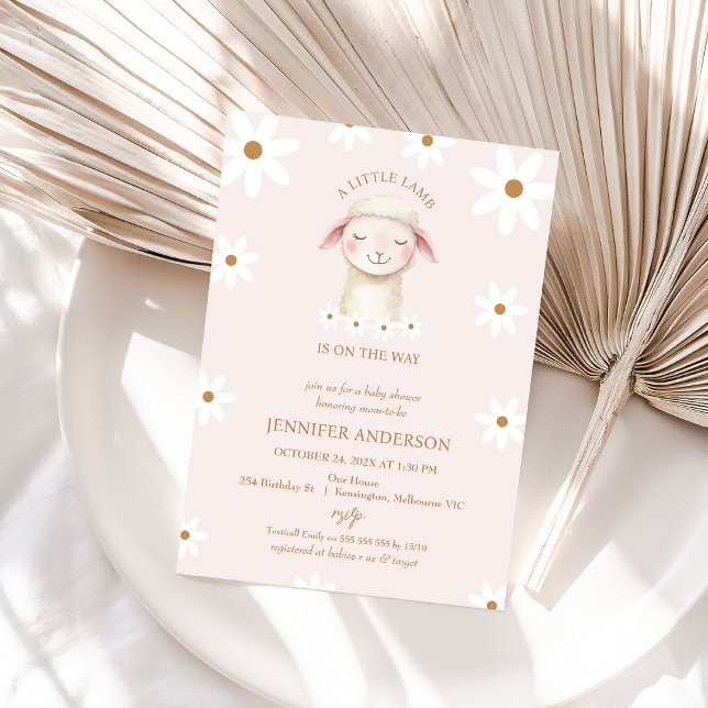 Modern Pink White Daisy Little Lamb Baby Shower  Invitation (Little Lamb Baby Shower Invitation, Pink Little Lamb Baby Shower Invitation Girl, Lamb Themed Shower)