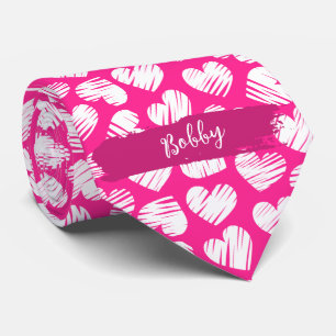 Modern Pink White Doodled Heart Valentine Name Tie
