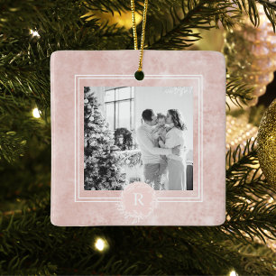 Modern Pink & White Family Photo Initial Ceramic Ornament