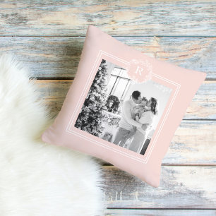 Modern Pink & White Family Photo Initial Cushion