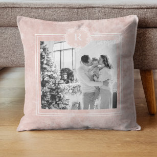 Modern Pink & White   Family Photo   Initial Throw Cushion