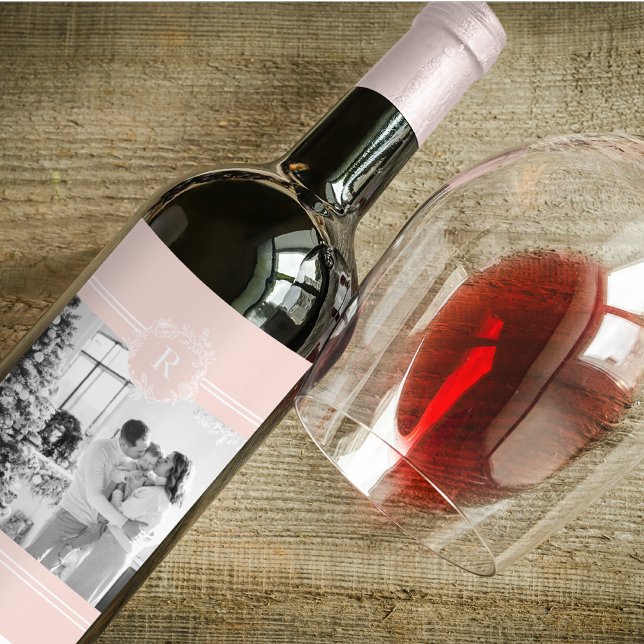 Modern Pink & White | Family Photo | Initial Wine Label (Creator Uploaded)