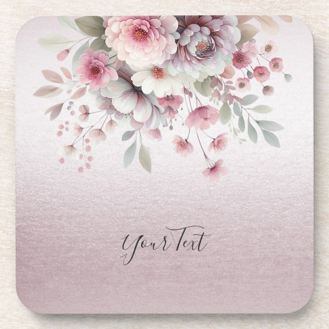 Modern Pink White Floral Hard plastic coaster (Front)