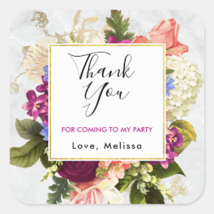 Modern Pink & White Florals Party Thank You Square Sticker